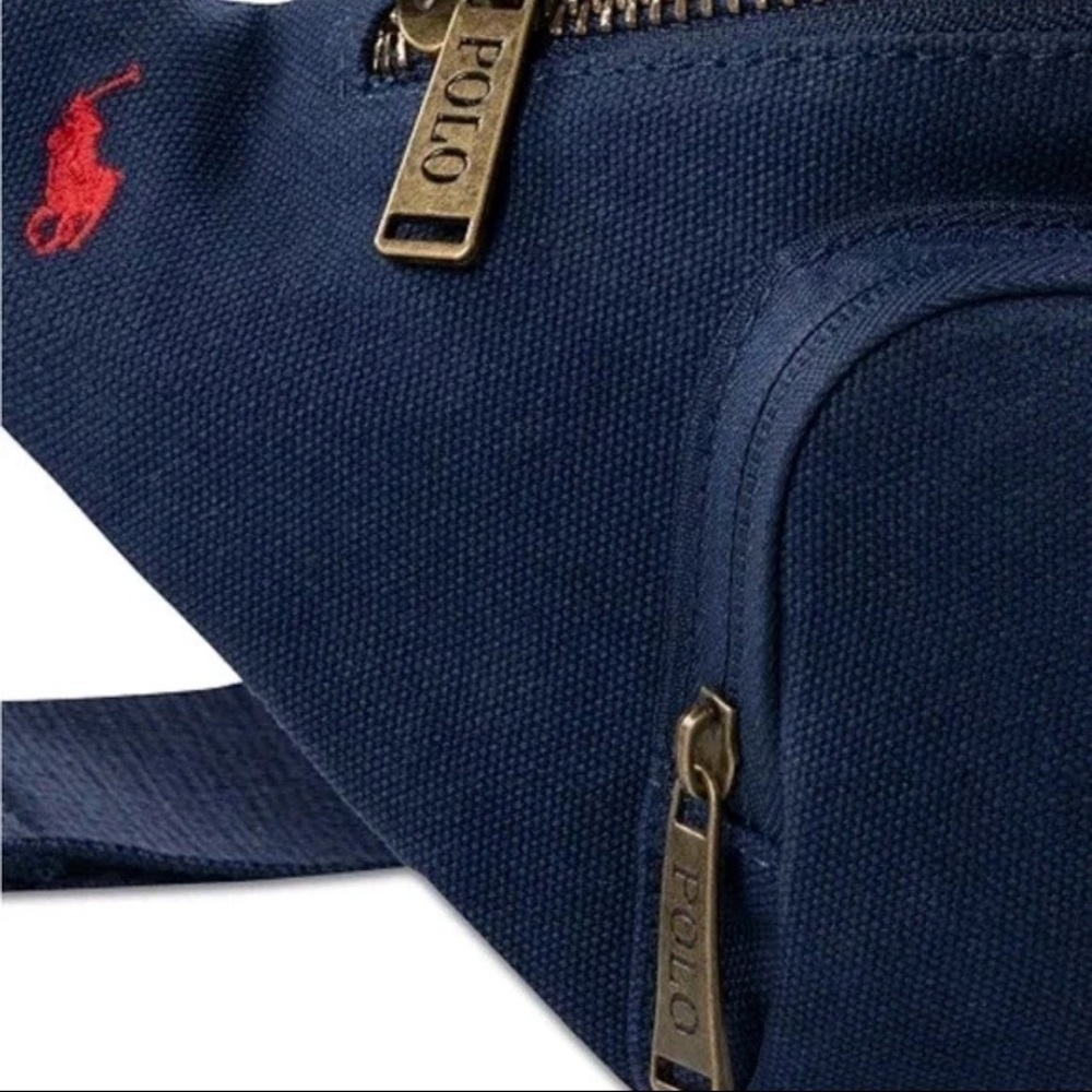 Polo Ralph Lauren Fanny Pack Waist Pack Navy Blue US Flag Patch 3 Pocket - NWT - Picture 6 of 13